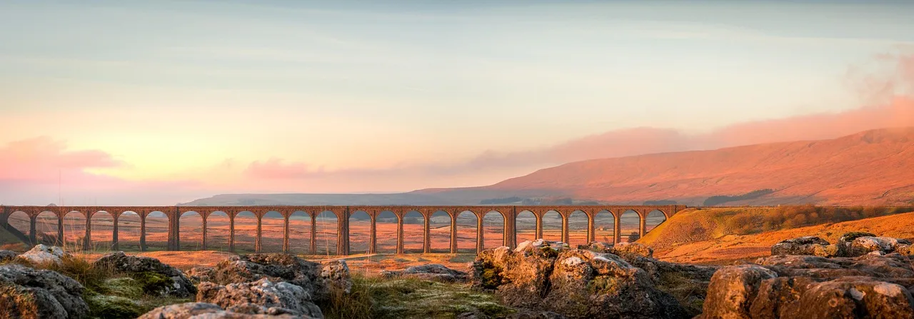 ribblehead viaduct, viaduct, bridge, ribblehead, yorkshire dales, yorkshire, sunrise, architecture, travel, dales, transportation, britain, historic, nature, landscape, england, uk, moorland, landmark, countryside, structure, whernside