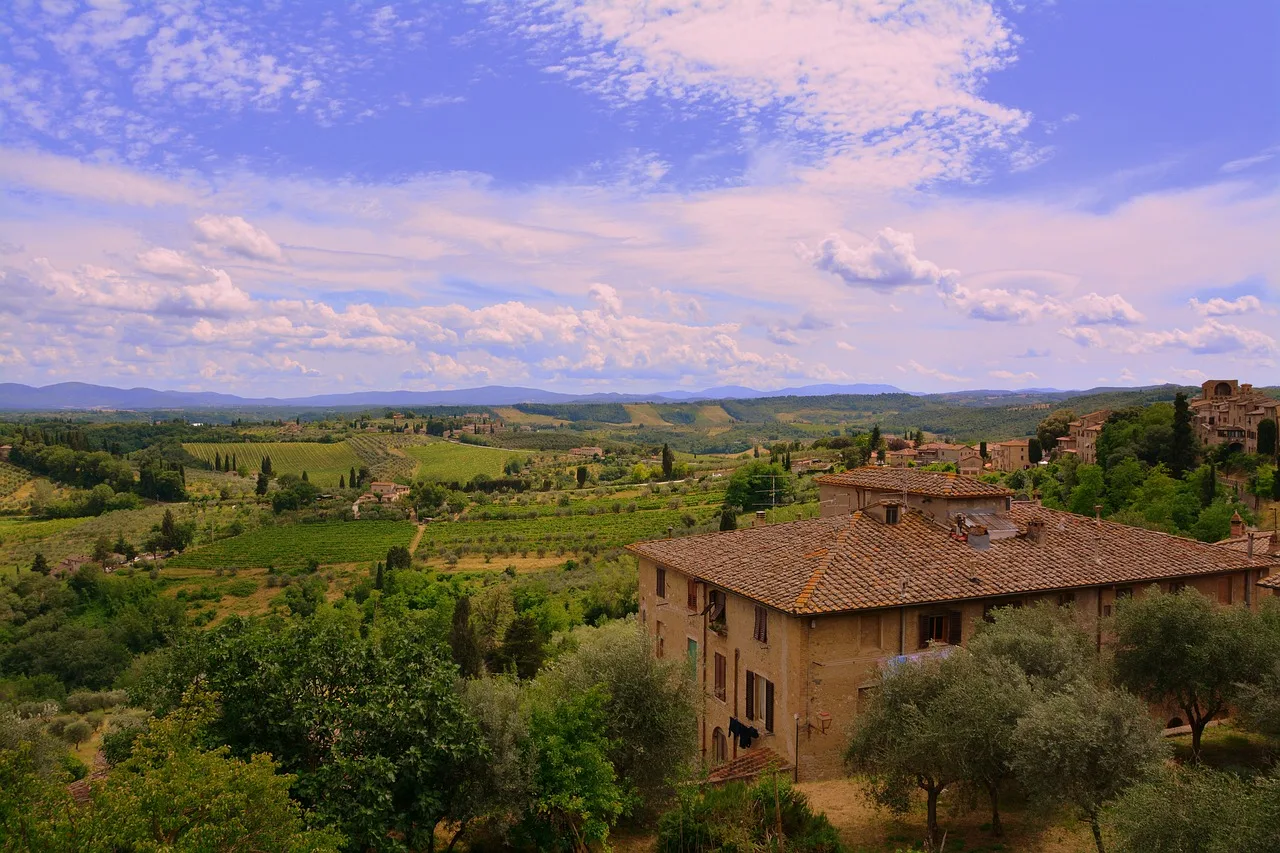 sky, clouds, campaign, nature, green, landscape, saint gimignano, tuscany, italy, tourism, agriculture