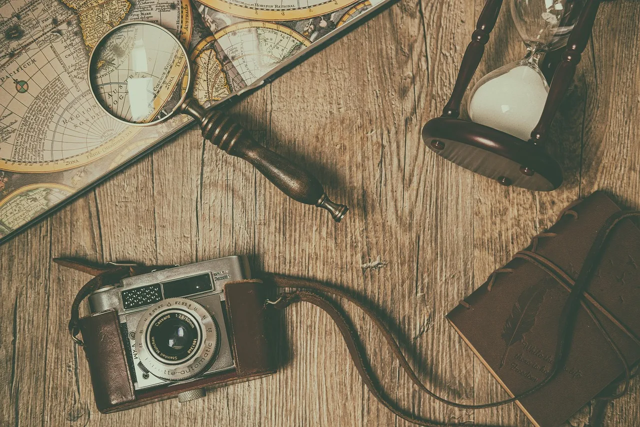 to travel, planning, vacations, camera, photo camera, photography, lens, map, atlas, magnifying glass, clock, time, retro, vintage, map, atlas, atlas, atlas, atlas, atlas, vintage